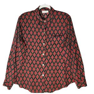 Vintage Cathy Che Blouse 1X Button Front Shoulder Pads Long Sleeve Red Blue Geo